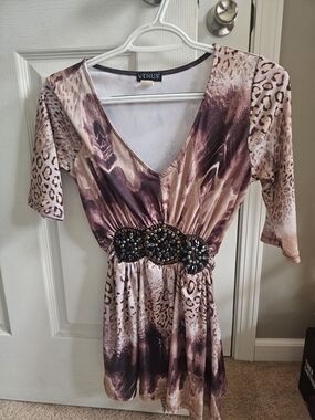 VENUS Mauve & Beige Animal Print V-Neck Dress with Jeweled Waist